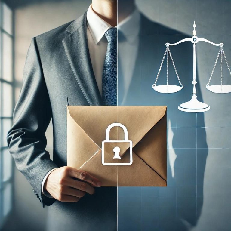 Confidentialité et protection des informations, illustrées par une enveloppe sécurisée et la balance de la justice
