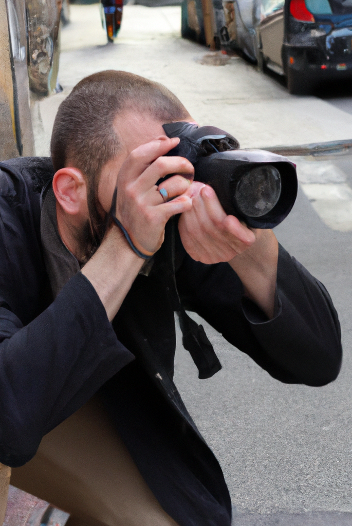 Détective privé en pleine filature, photographiant discrètement dans une rue urbaine
